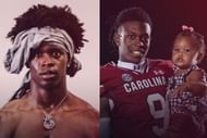 Cam Smith wearing a medallion in honor of his sister (l) and Smith's daughter (r). Source: @_MLFootball (Twitter)
